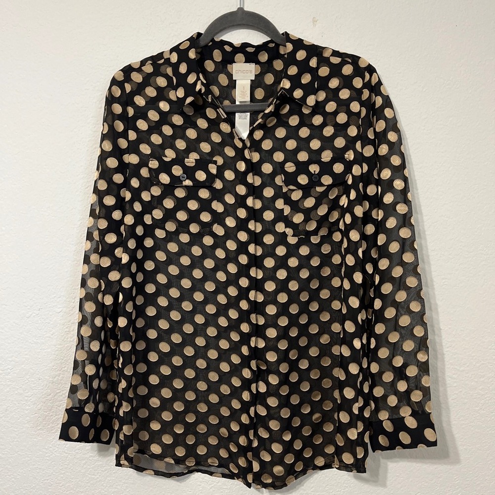 Chico's Polka Dot Sheer Button Up Blouse Black Tan Career Coquette Preppy Top